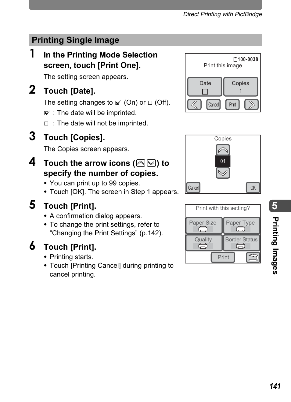 Printing single image, P.141), P.141 | Pentax Optio T30 User Manual | Page 143 / 192