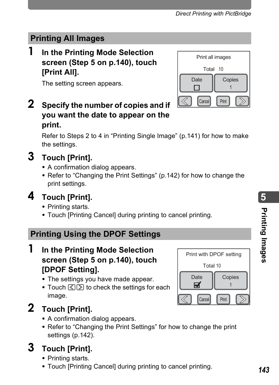 Printing all images, Printing using the dpof settings, P.143) | P.143 | Pentax Optio T30 User Manual | Page 145 / 192