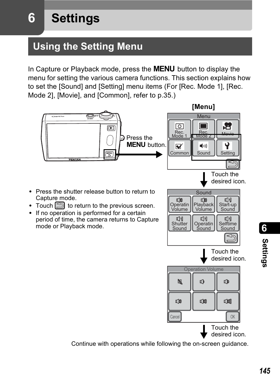 6 settings, Using the setting menu, P.145) | P.145, Settings, Se tting s, Menu | Pentax Optio T30 User Manual | Page 147 / 192