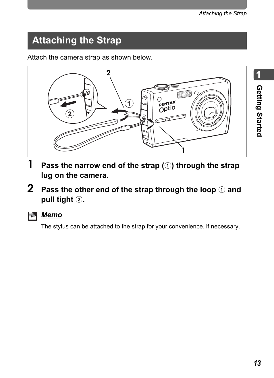 Attaching the strap, P.13) | Pentax Optio T30 User Manual | Page 15 / 192
