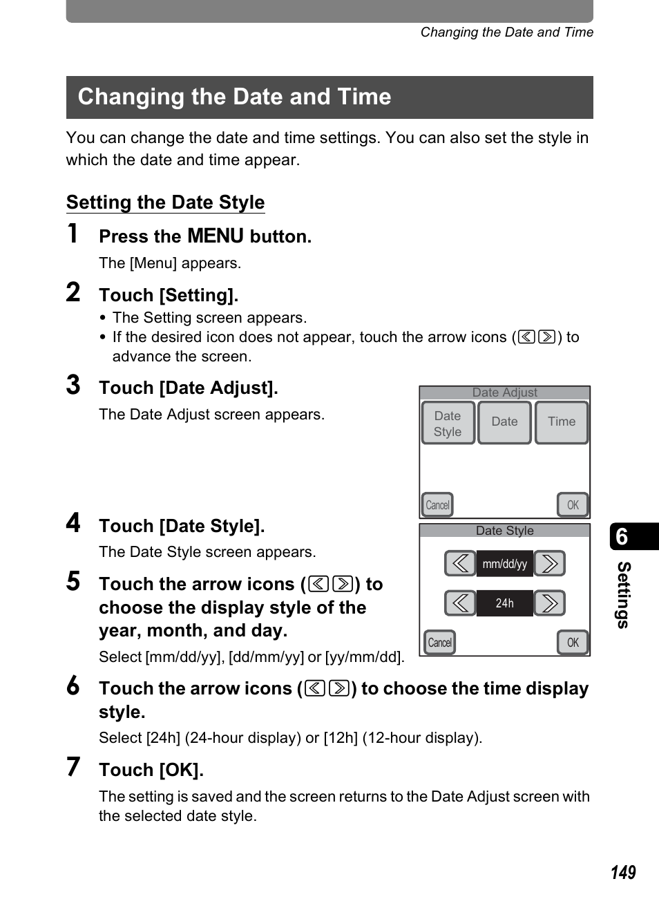 Changing the date and time, P.149 | Pentax Optio T30 User Manual | Page 151 / 192