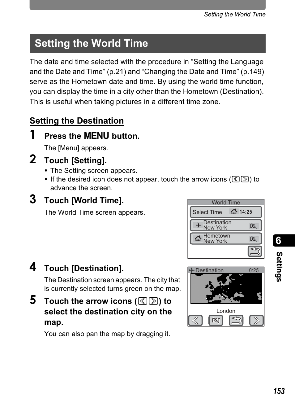 Setting the world time, P.153 | Pentax Optio T30 User Manual | Page 155 / 192