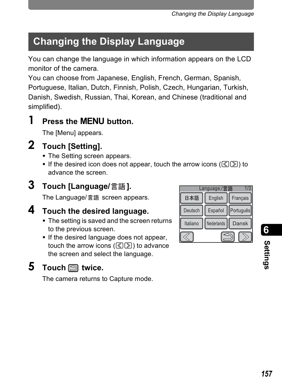 Changing the display language, P.157 | Pentax Optio T30 User Manual | Page 159 / 192