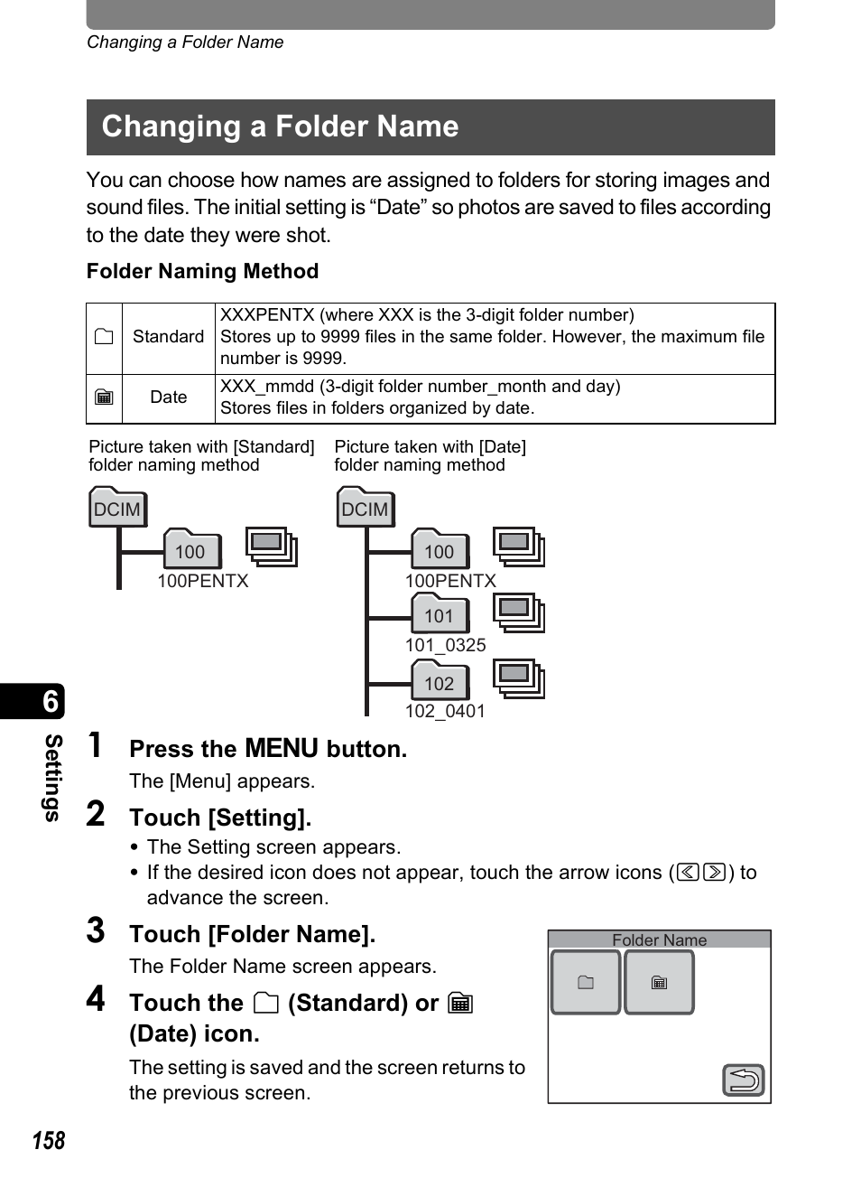 Changing a folder name, P.158 | Pentax Optio T30 User Manual | Page 160 / 192