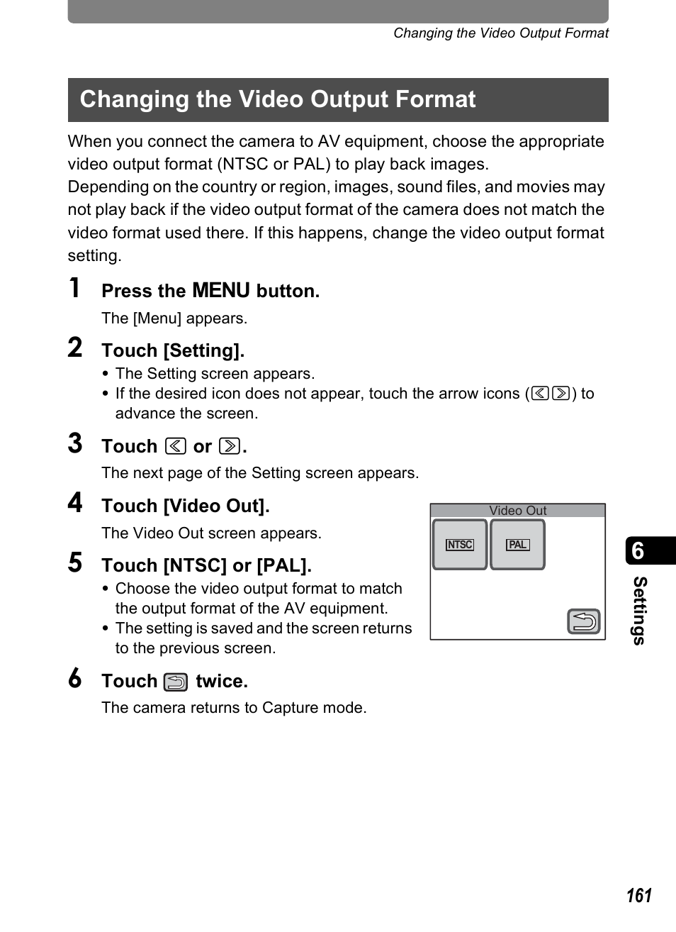 Changing the video output format, P.161 | Pentax Optio T30 User Manual | Page 163 / 192