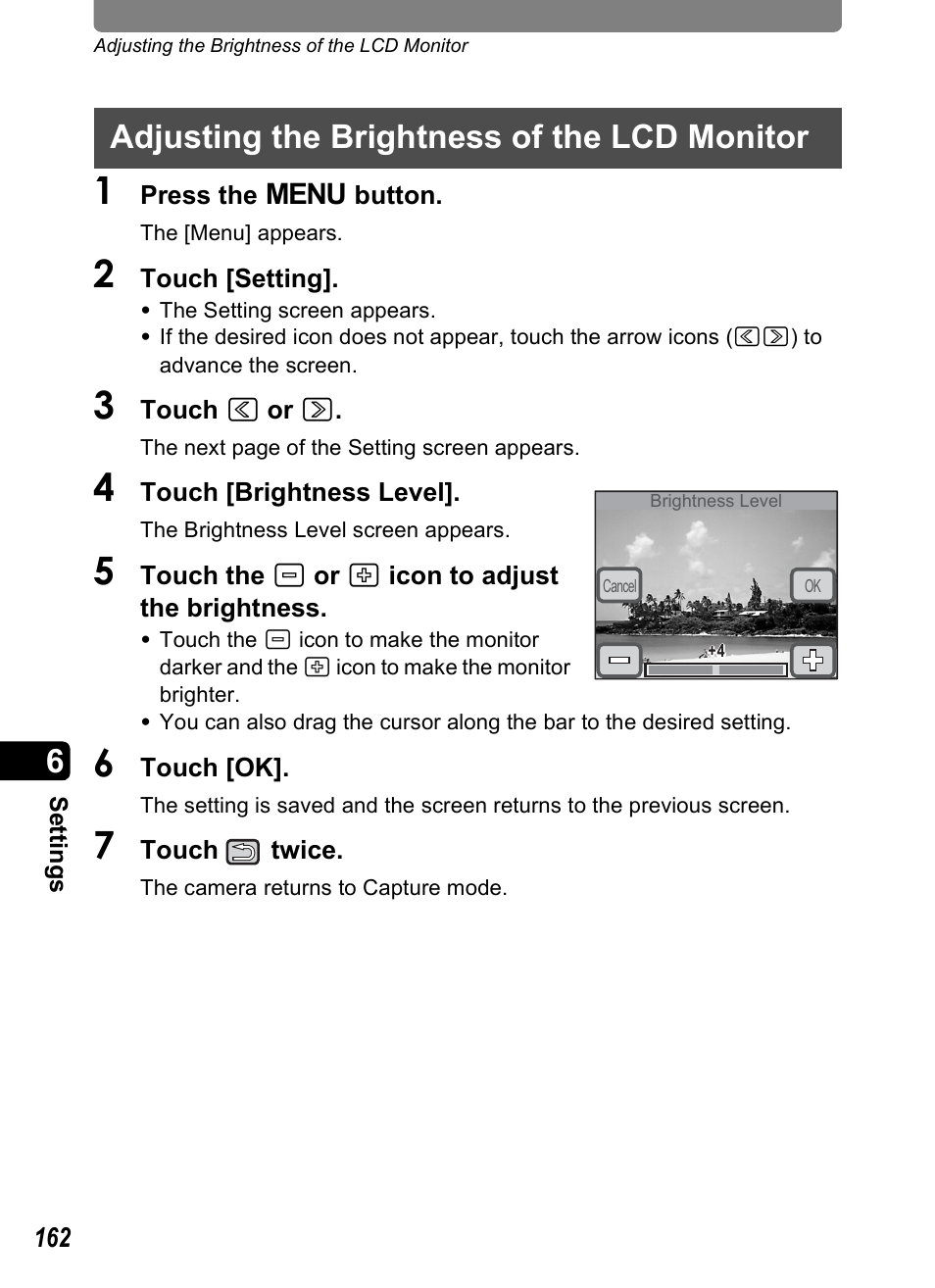 Adjusting the brightness of the lcd monitor, P.162), P.162 | Pentax Optio T30 User Manual | Page 164 / 192