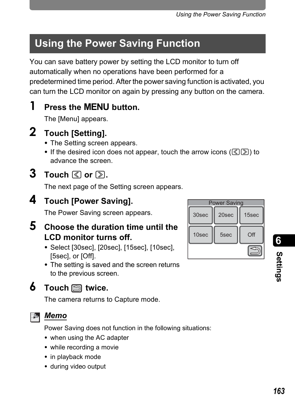 Using the power saving function, P.163 | Pentax Optio T30 User Manual | Page 165 / 192