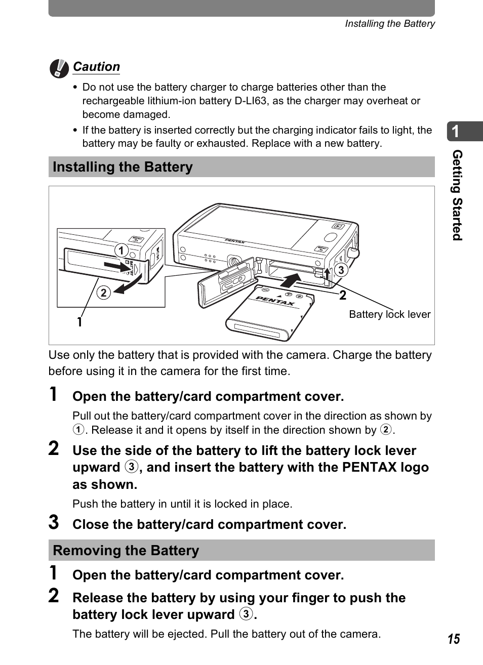 Installing the battery, Removing the battery, P.15, p | Installing the battery removing the battery | Pentax Optio T30 User Manual | Page 17 / 192