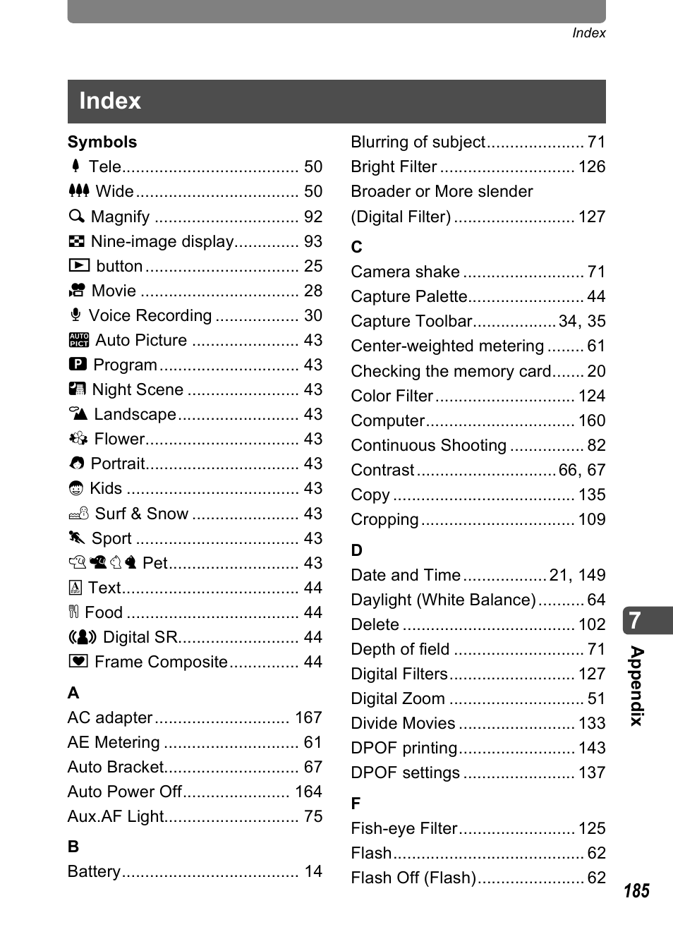 Index | Pentax Optio T30 User Manual | Page 187 / 192