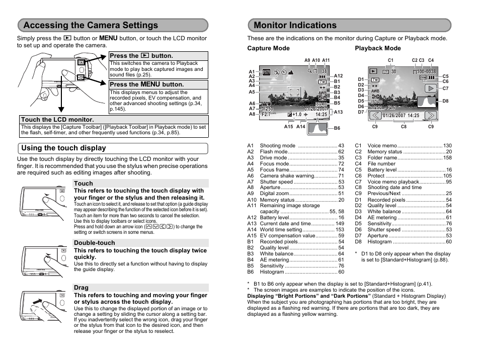 Accessing the camera settings, Monitor indications, Using the touch display | Touch, Double-touch, Drag, Press the q button, Press the 3 button, Touch the lcd monitor, Capture mode | Pentax Optio T30 User Manual | Page 2 / 192