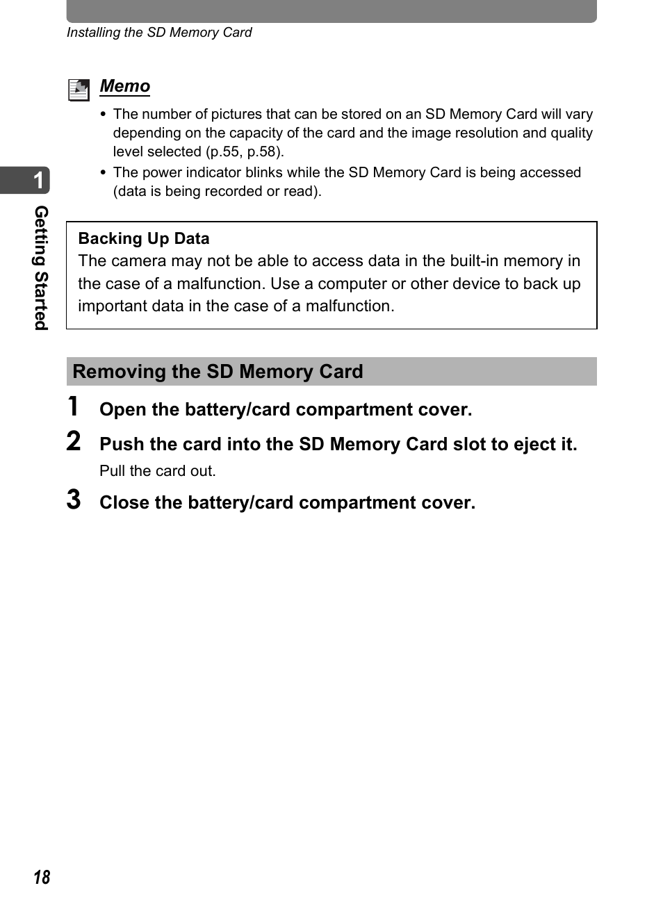 Removing the sd memory card | Pentax Optio T30 User Manual | Page 20 / 192