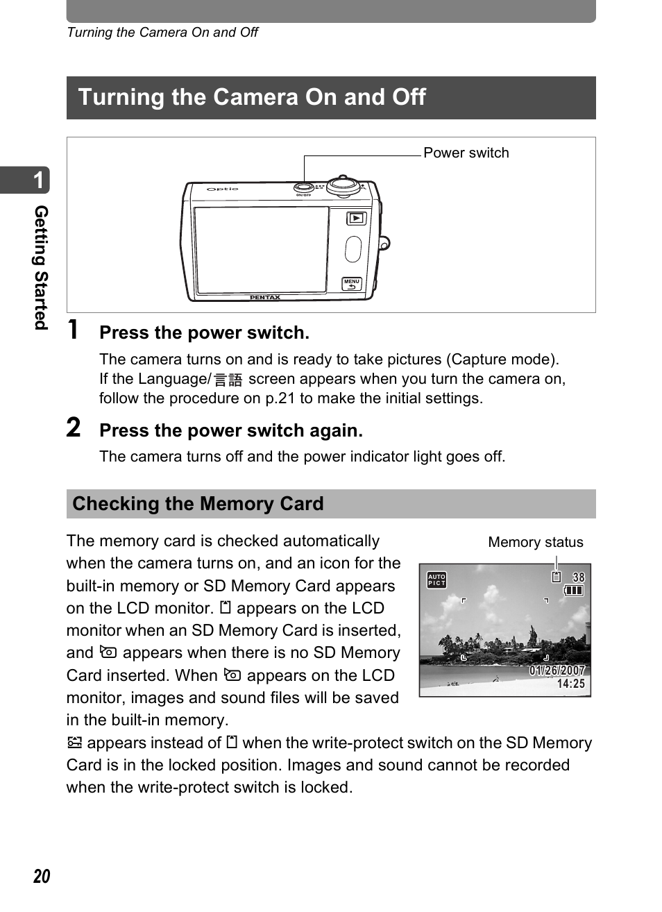 Turning the camera on and off, Checking the memory card, P.20) | Press the power switch, Press the power switch again | Pentax Optio T30 User Manual | Page 22 / 192