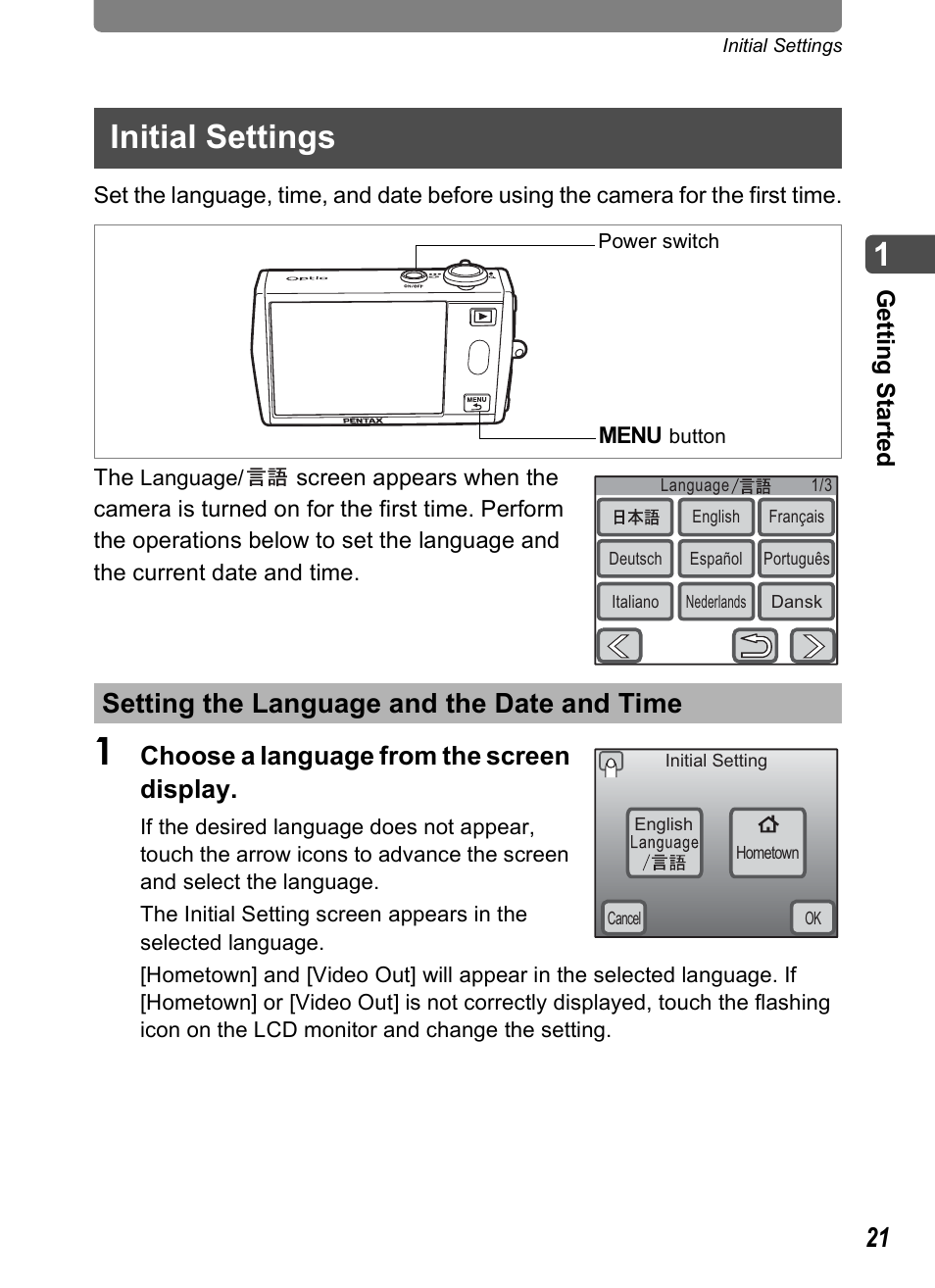Initial settings, Setting the language and the date and time, Choose a language from the screen display | Pentax Optio T30 User Manual | Page 23 / 192