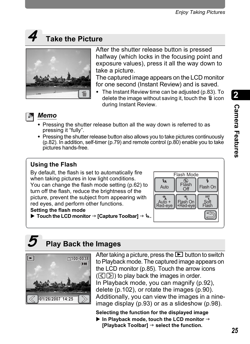 N (p.25), P.25), Take the picture | Play back the images | Pentax Optio T30 User Manual | Page 27 / 192