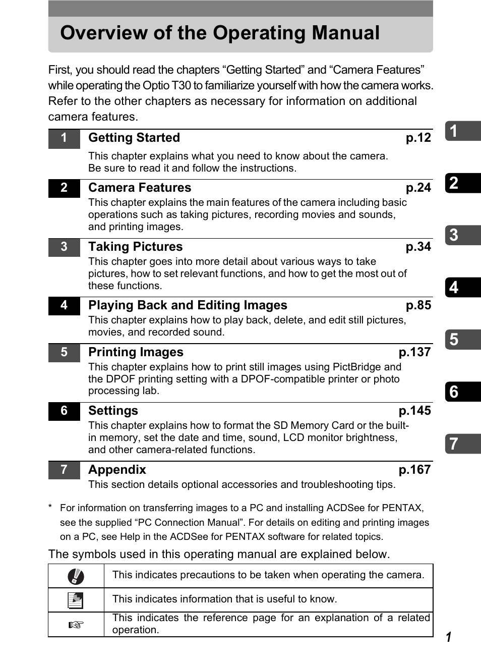 Overview of the operating manual | Pentax Optio T30 User Manual | Page 3 / 192