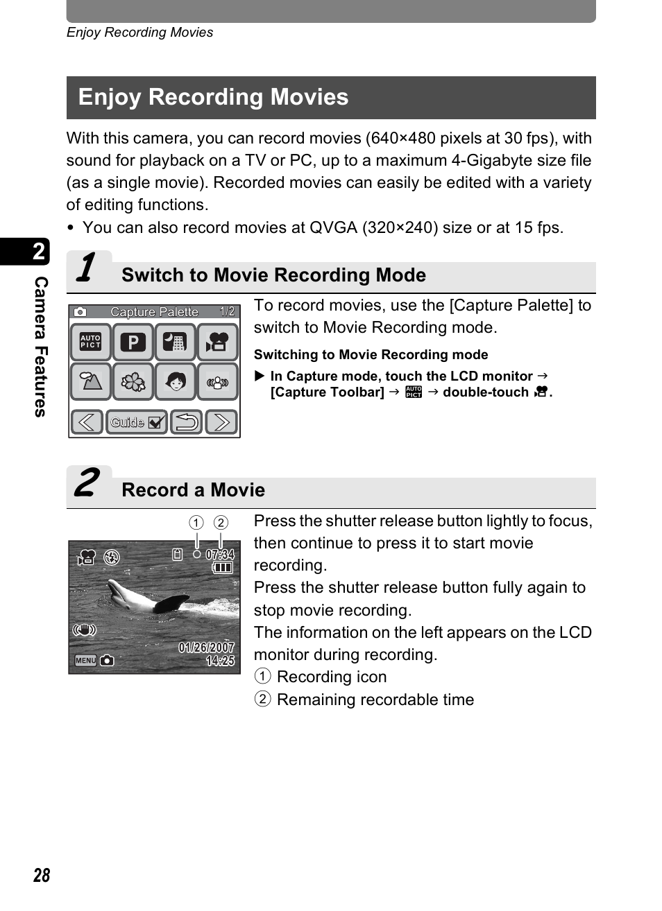 Enjoy recording movies, Switch to movie recording mode, Record a movie | Pentax Optio T30 User Manual | Page 30 / 192