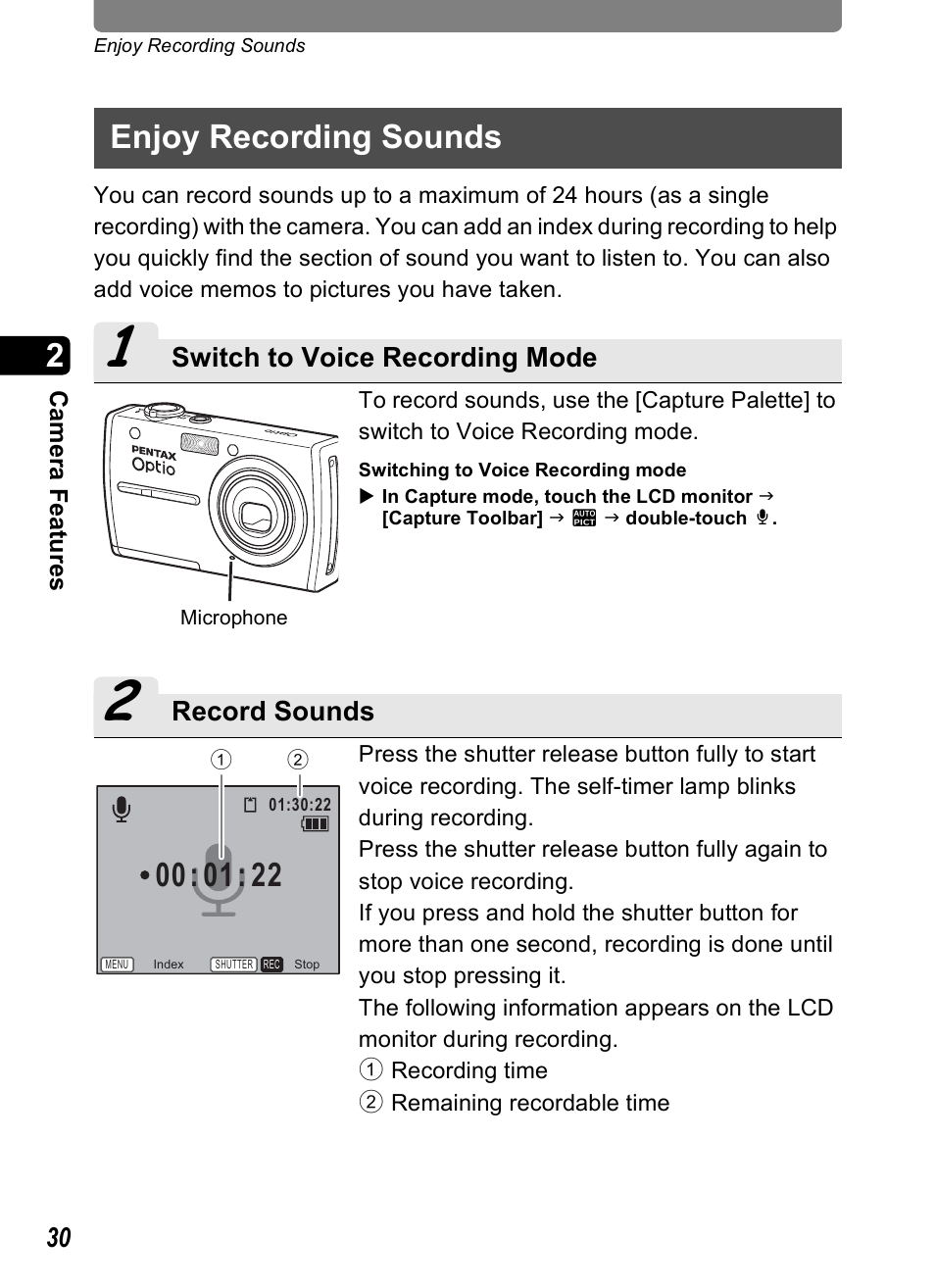 Enjoy recording sounds, P.30) | Pentax Optio T30 User Manual | Page 32 / 192