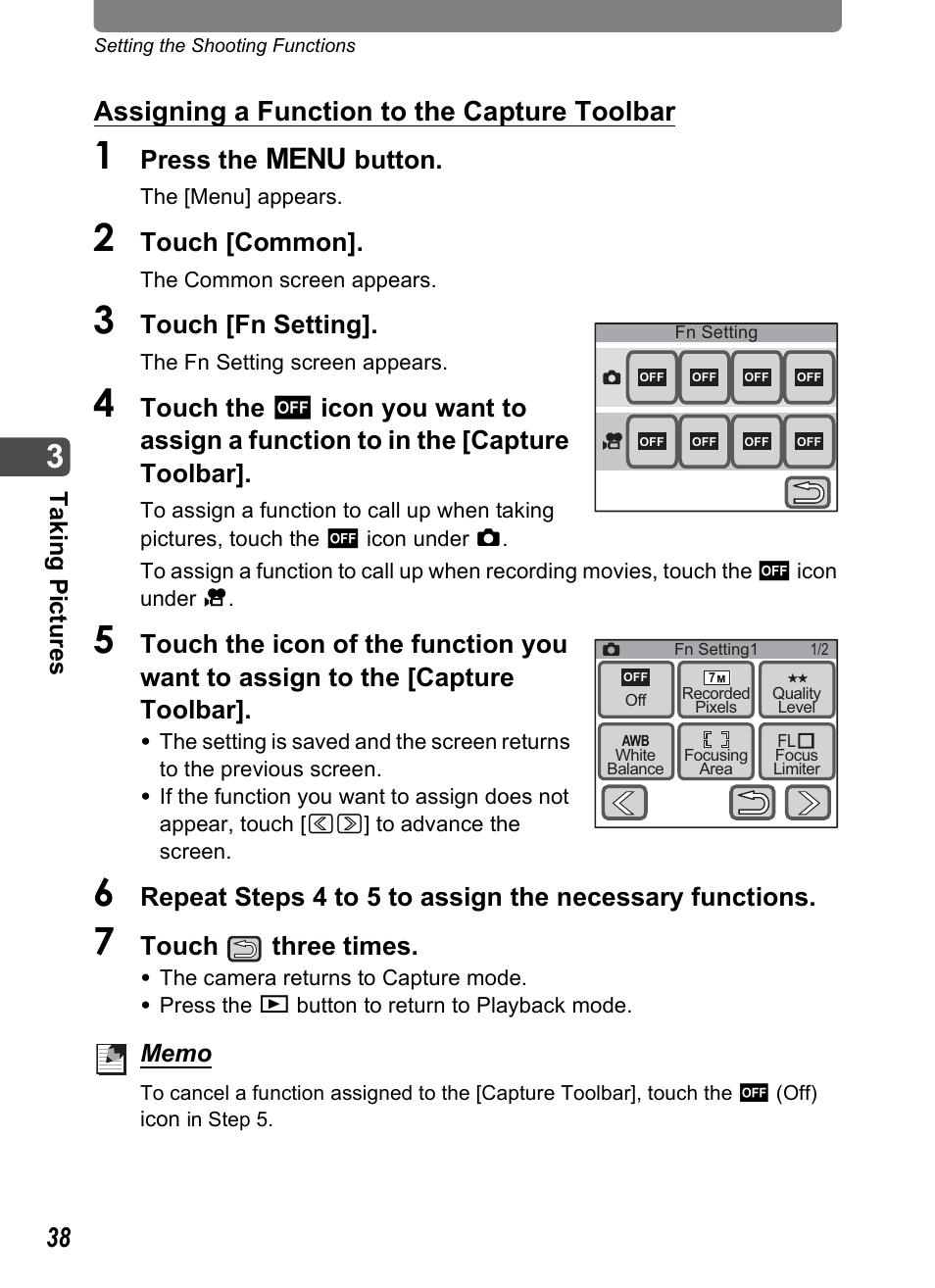 Assigning a function to the capture toolbar, Press the 3 button, Touch [common | Touch [fn setting, Touch three times | Pentax Optio T30 User Manual | Page 40 / 192