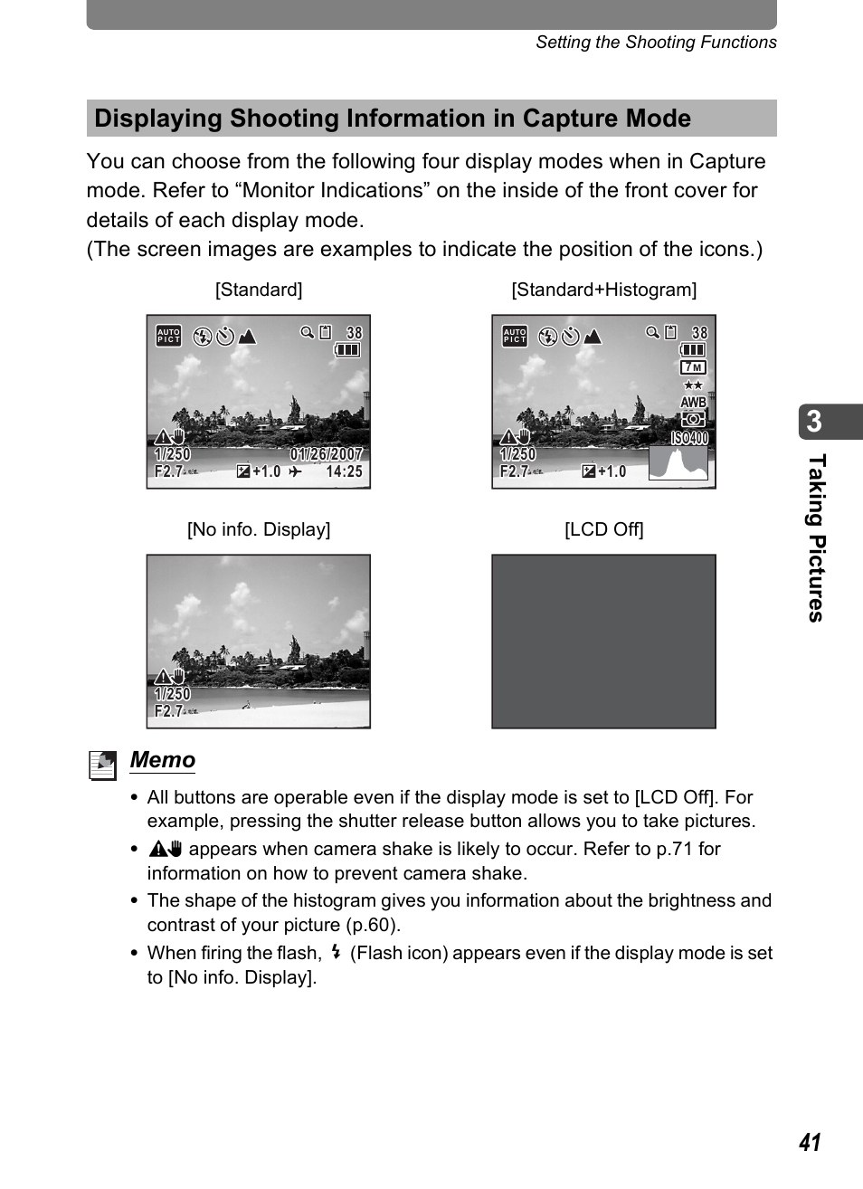 Displaying shooting information in capture mode, P.41), P.41 | Tak ing p icture s | Pentax Optio T30 User Manual | Page 43 / 192