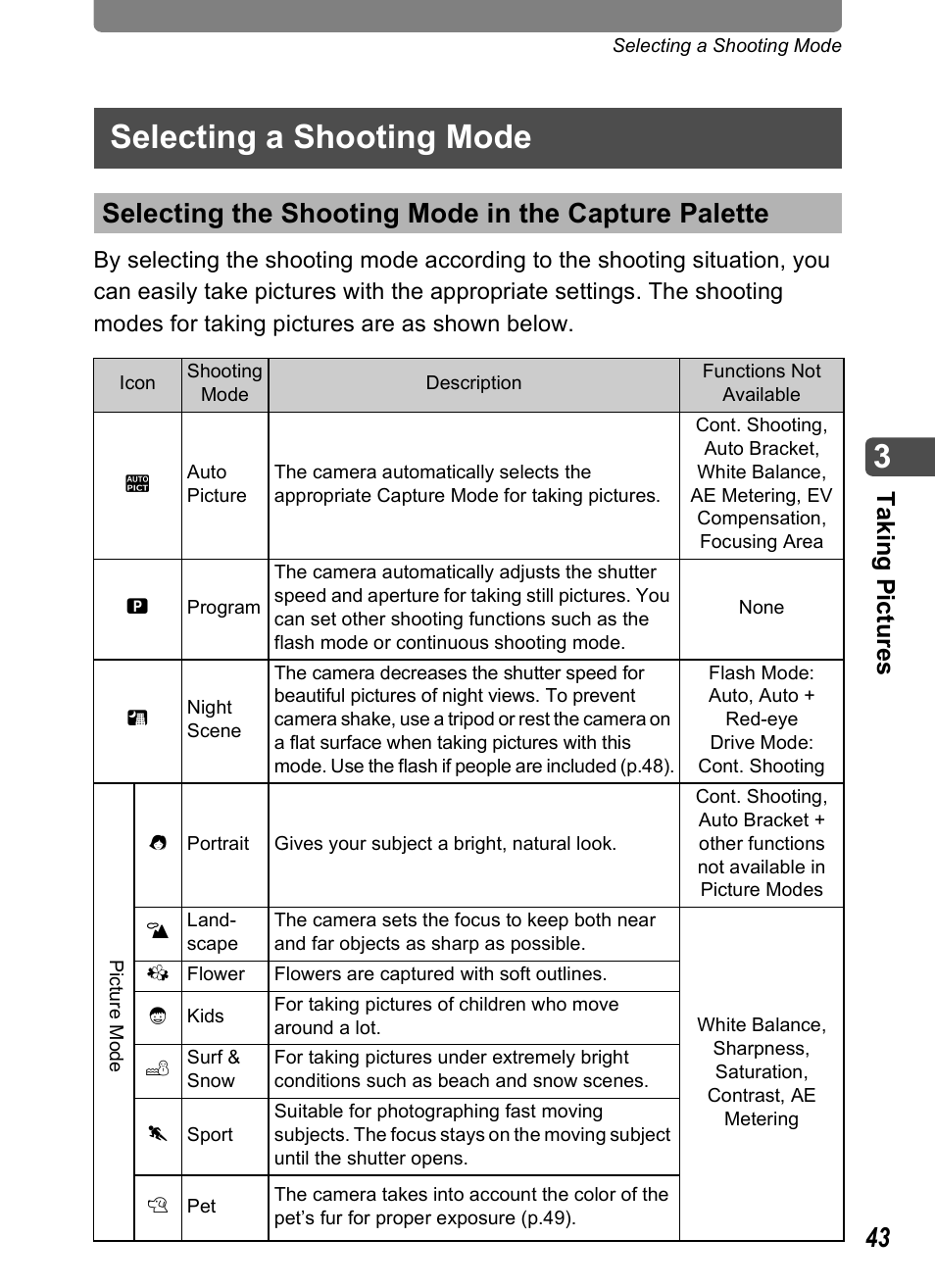 Selecting a shooting mode, Selecting the shooting mode in the capture palette, P.43) | P.43, Tak ing p icture s | Pentax Optio T30 User Manual | Page 45 / 192