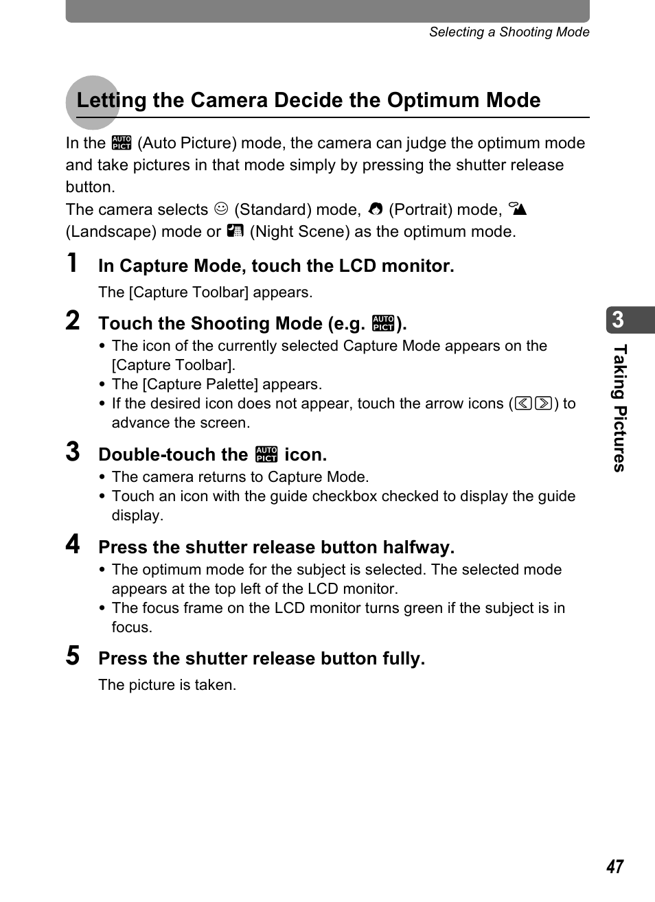 Letting the camera decide the optimum mode | Pentax Optio T30 User Manual | Page 49 / 192