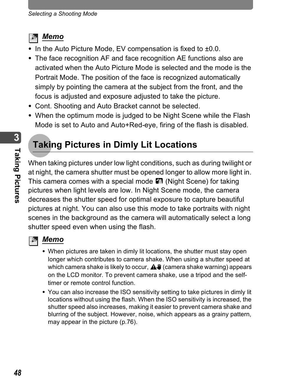 Taking pictures in dimly lit locations | Pentax Optio T30 User Manual | Page 50 / 192