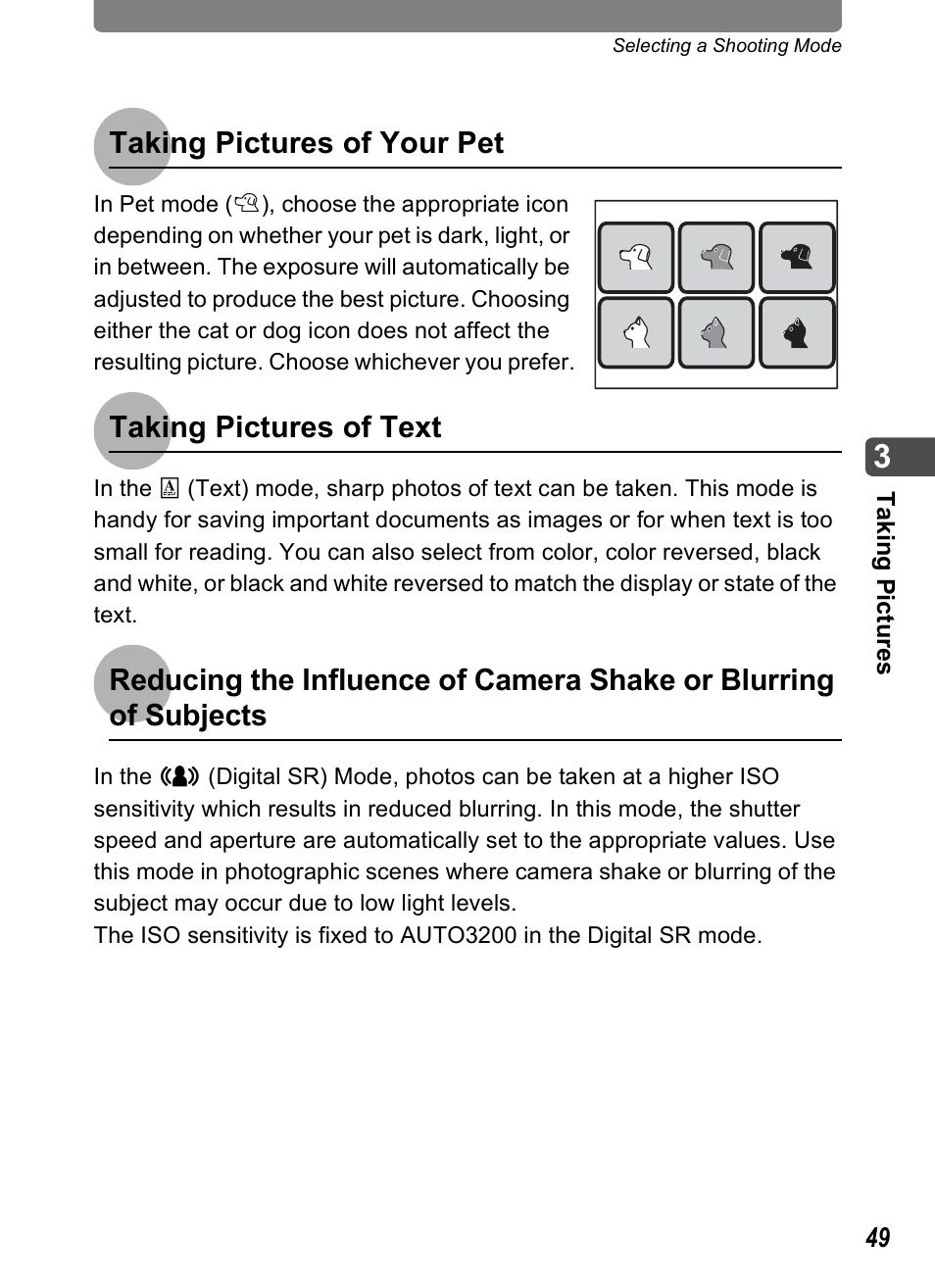 Taking pictures of your pet, Taking pictures of text | Pentax Optio T30 User Manual | Page 51 / 192