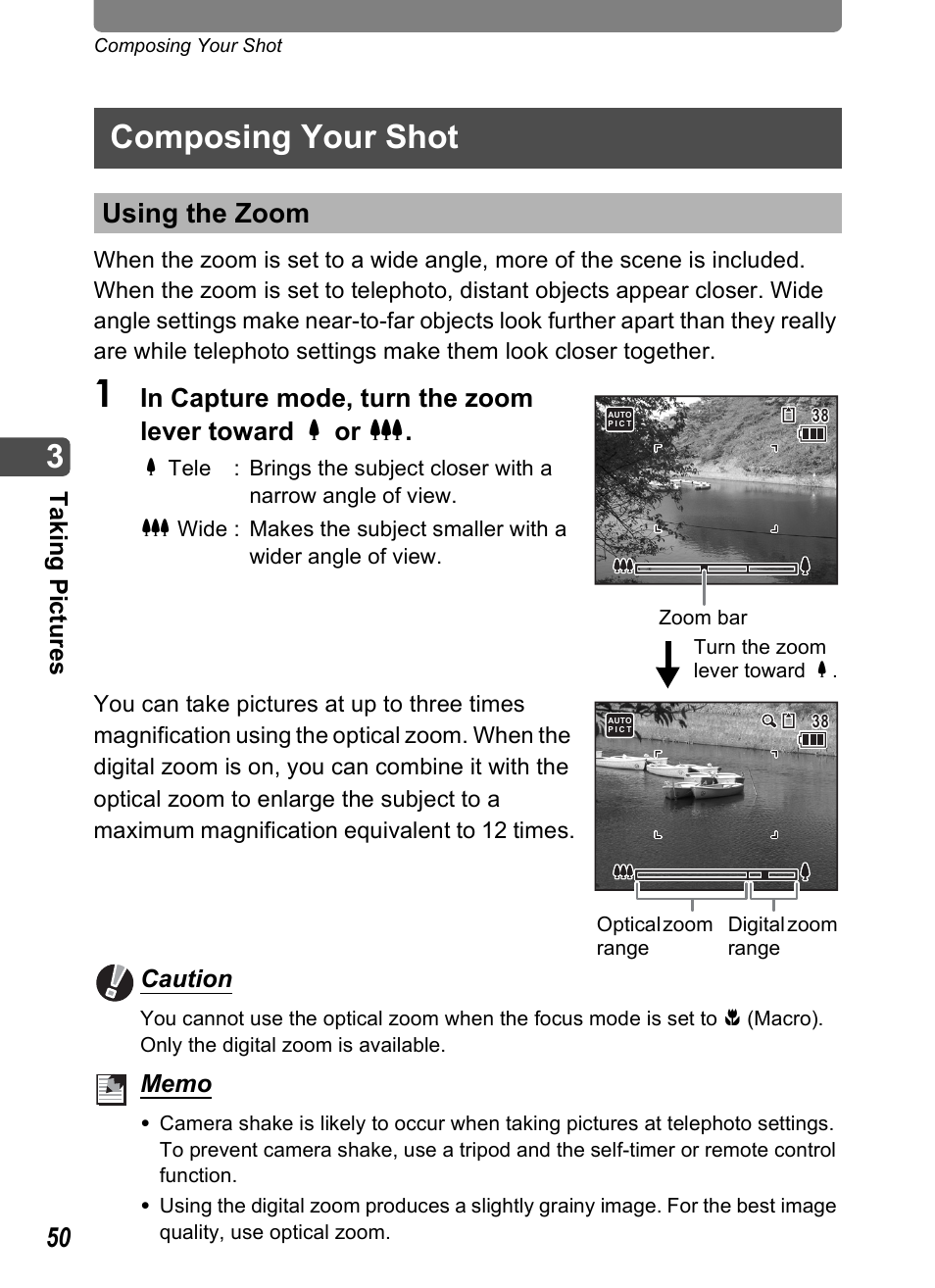 Composing your shot, Using the zoom, P.50) | Tak ing pi cture s, Caution | Pentax Optio T30 User Manual | Page 52 / 192