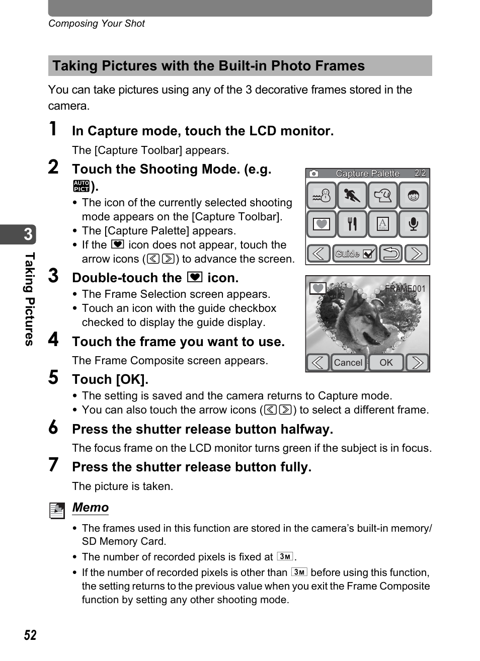 Taking pictures with the built-in photo frames | Pentax Optio T30 User Manual | Page 54 / 192