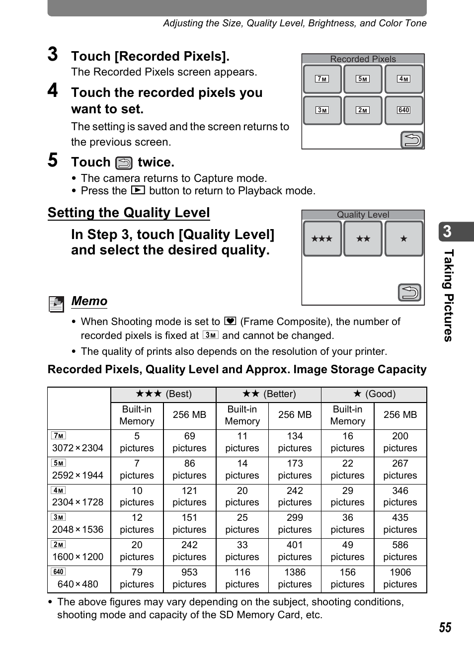 Touch [recorded pixels, Touch the recorded pixels you want to set, Touch twice | Tak ing p icture s | Pentax Optio T30 User Manual | Page 57 / 192