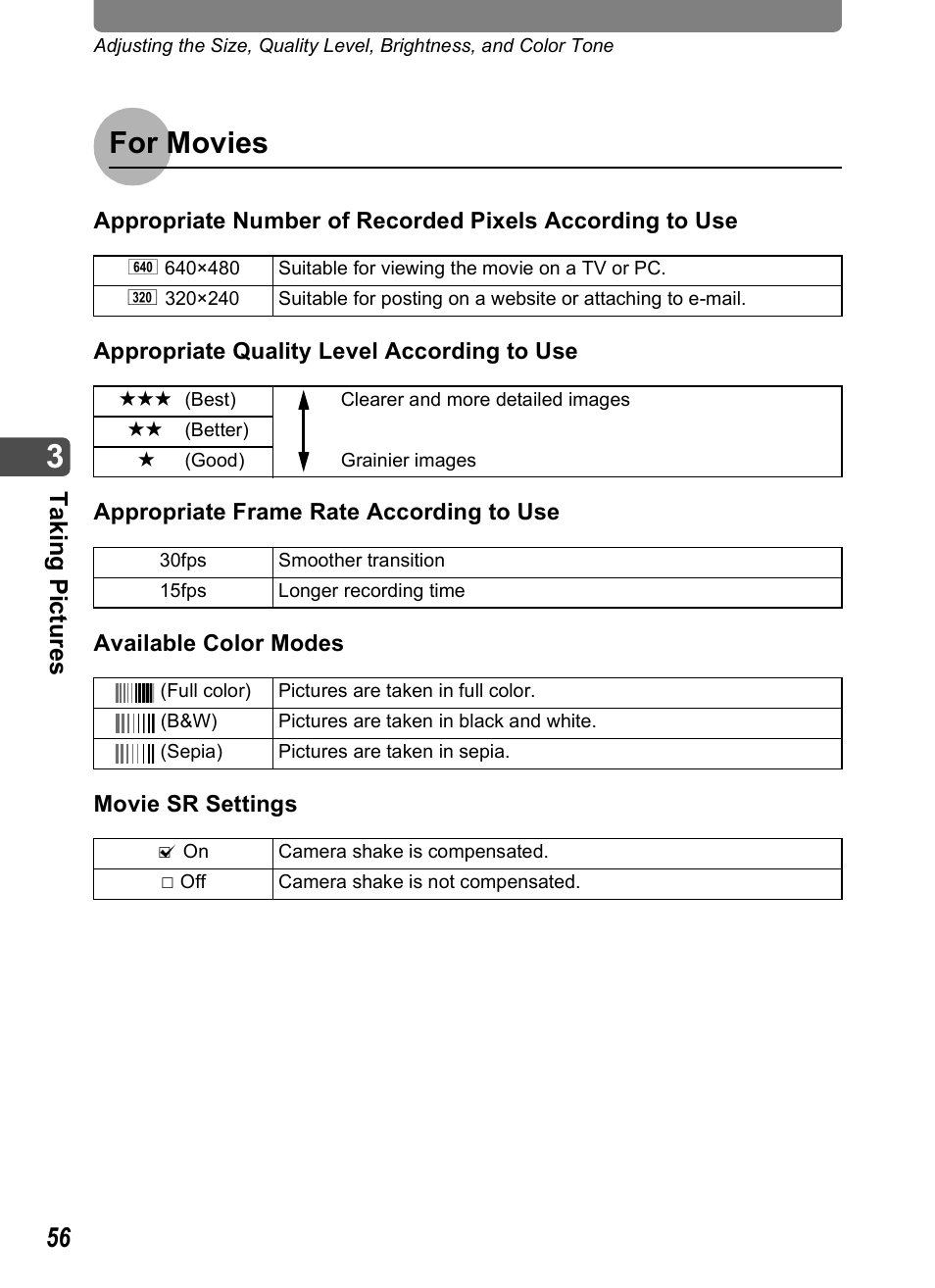 P.56, For movies, Tak ing pi cture s | Pentax Optio T30 User Manual | Page 58 / 192