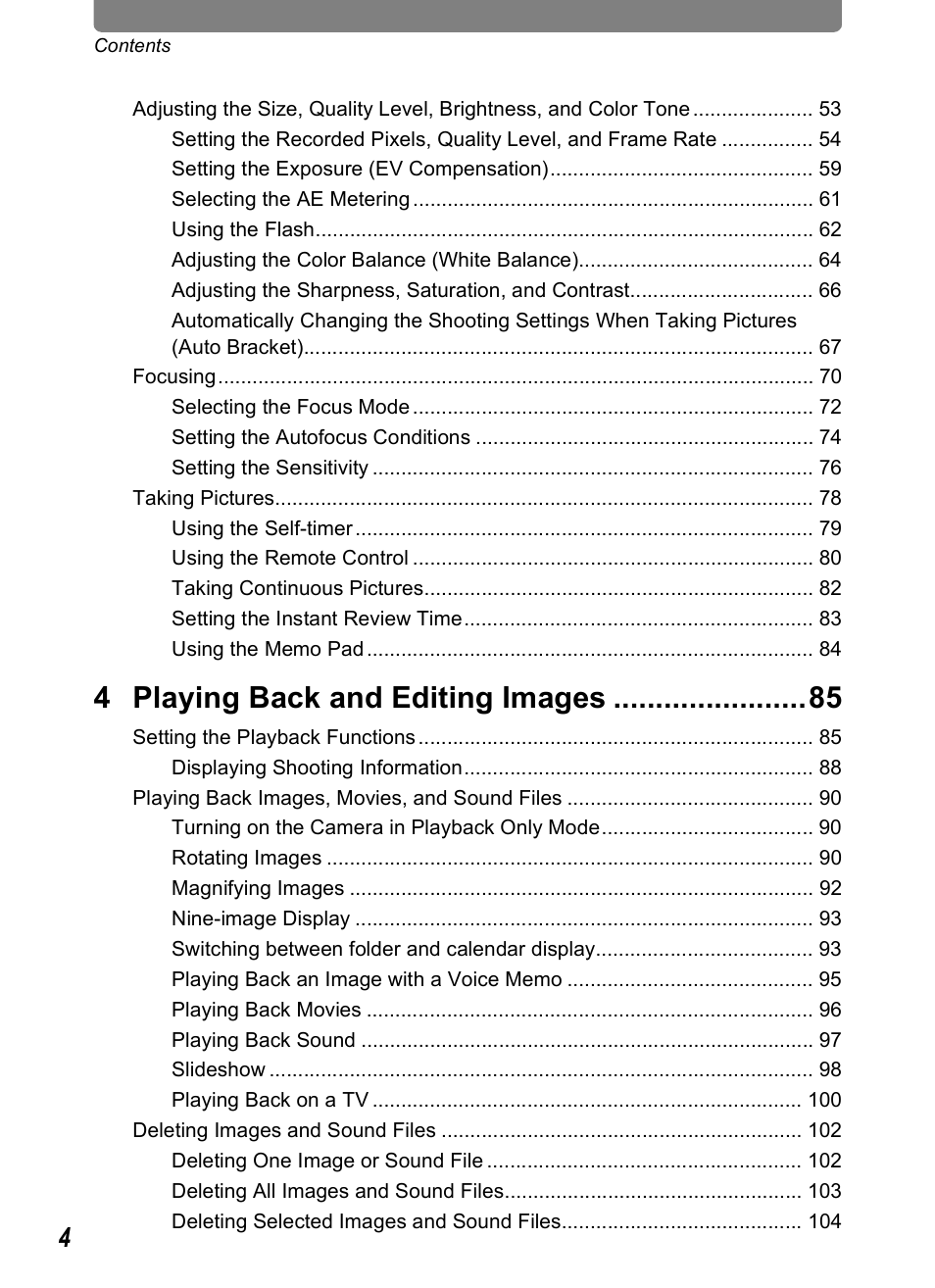 4 playing back and editing images | Pentax Optio T30 User Manual | Page 6 / 192