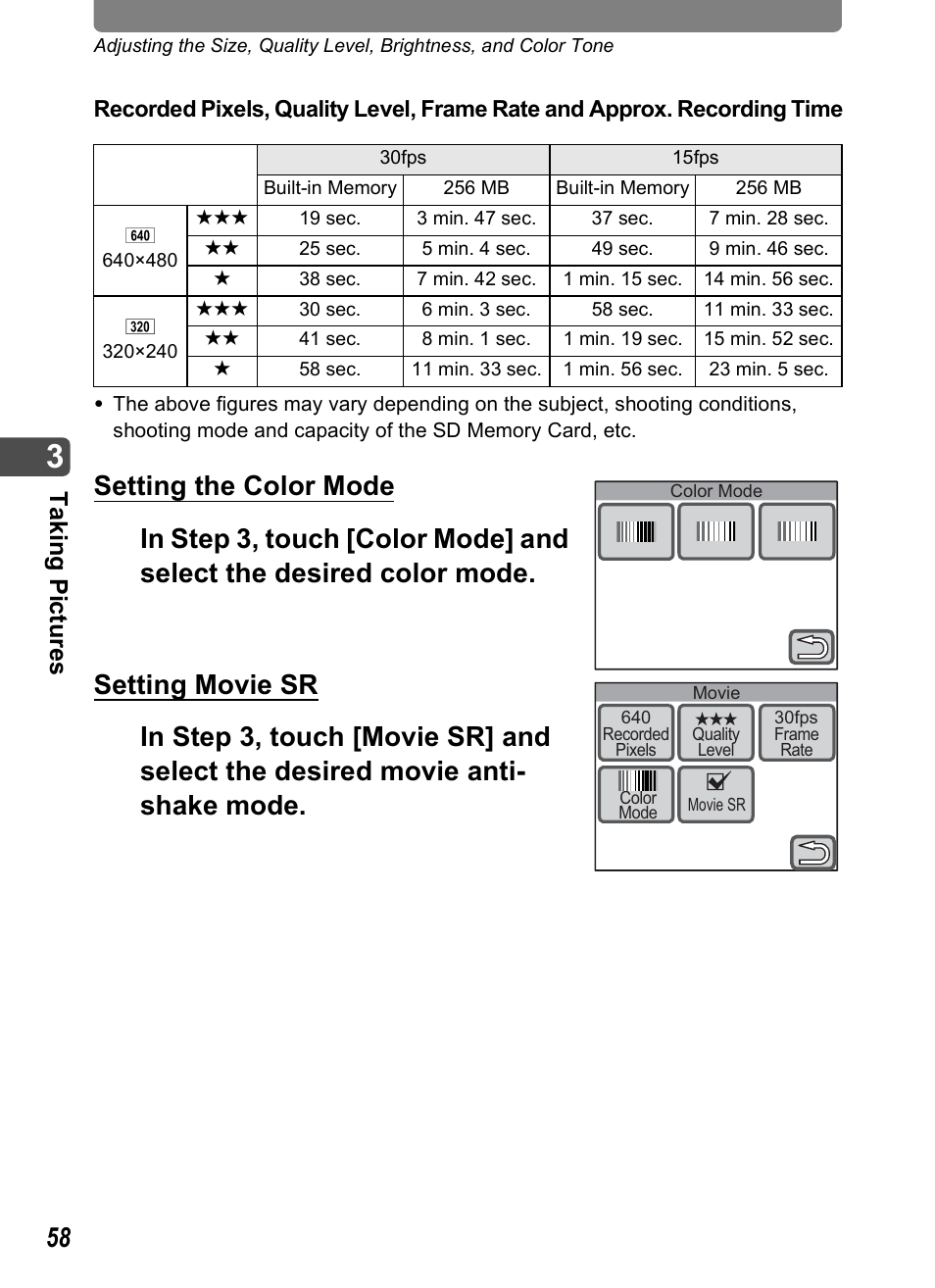 P.58, Tak ing pi cture s | Pentax Optio T30 User Manual | Page 60 / 192