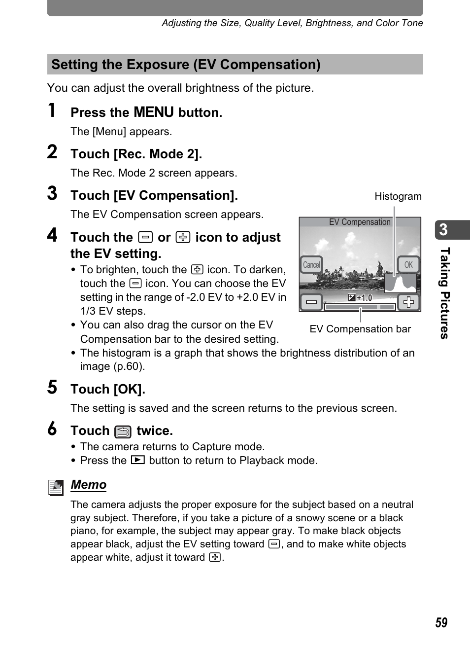 Setting the exposure (ev compensation), Setting the exposure (ev compensation)” (p.59), Ing (p.59) | P.59, On (p.59) | Pentax Optio T30 User Manual | Page 61 / 192