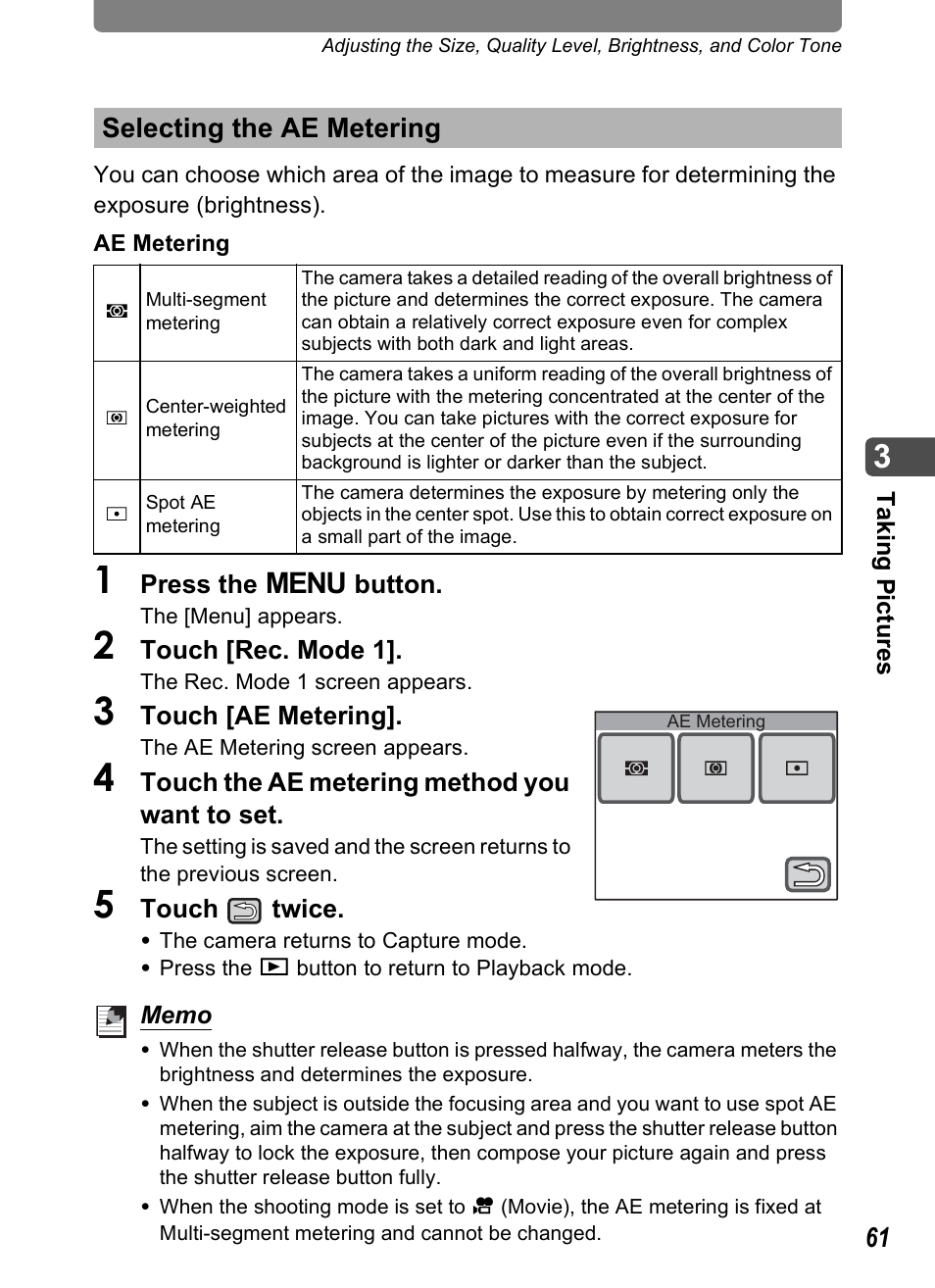 Selecting the ae metering, Selecting the ae metering” (p.61), Ng (p.61) | P.61, P.61) | Pentax Optio T30 User Manual | Page 63 / 192