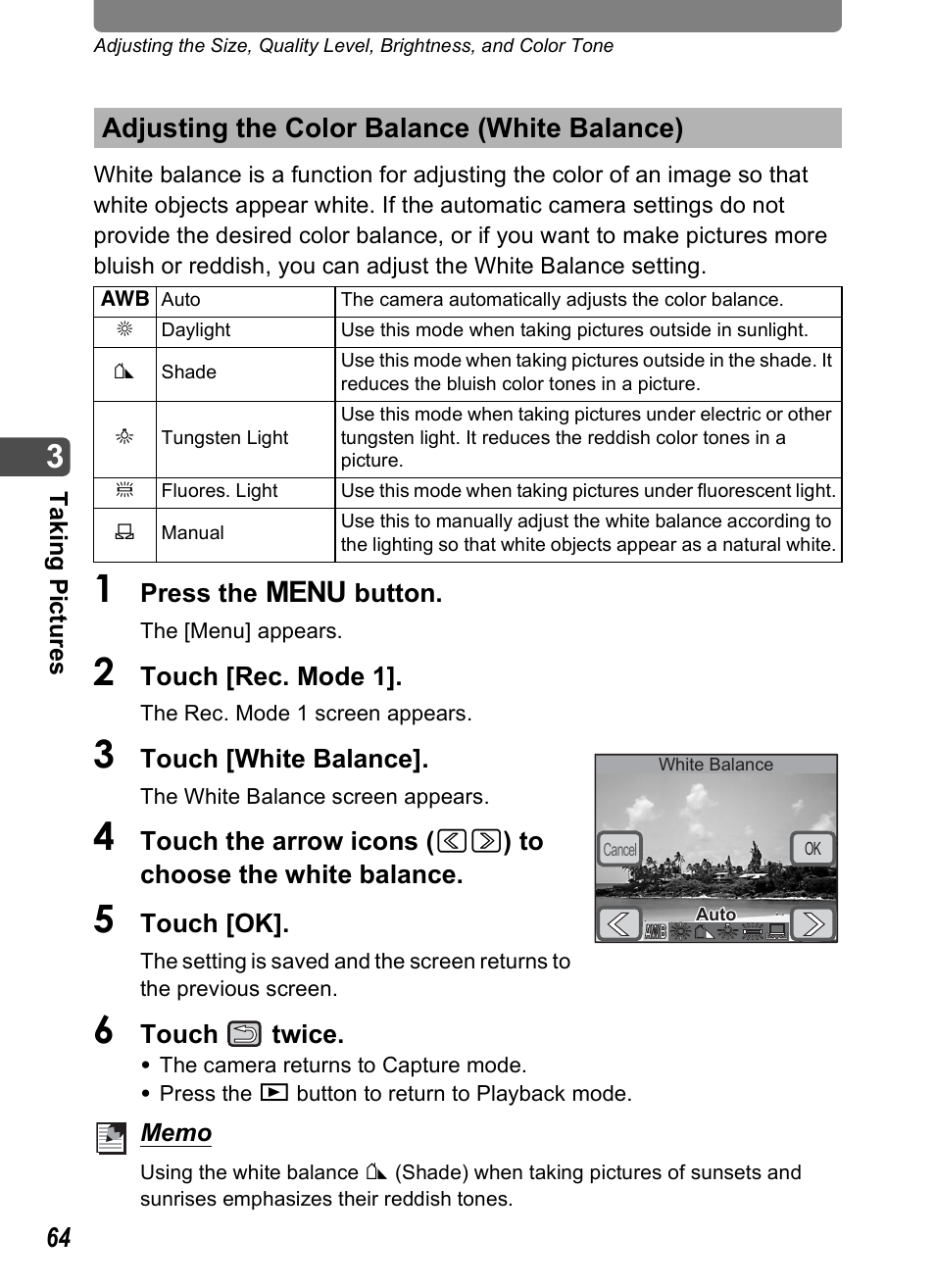 Adjusting the color balance (white balance), P.64), P.64 | Pentax Optio T30 User Manual | Page 66 / 192