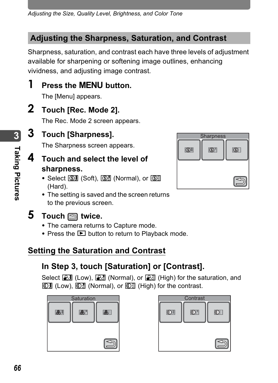 Adjusting the sharpness, saturation, and contrast, P.66, P.66) | Pentax Optio T30 User Manual | Page 68 / 192