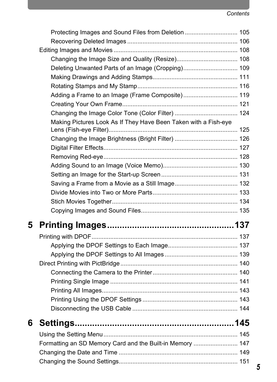 5 printing images, 6 settings | Pentax Optio T30 User Manual | Page 7 / 192