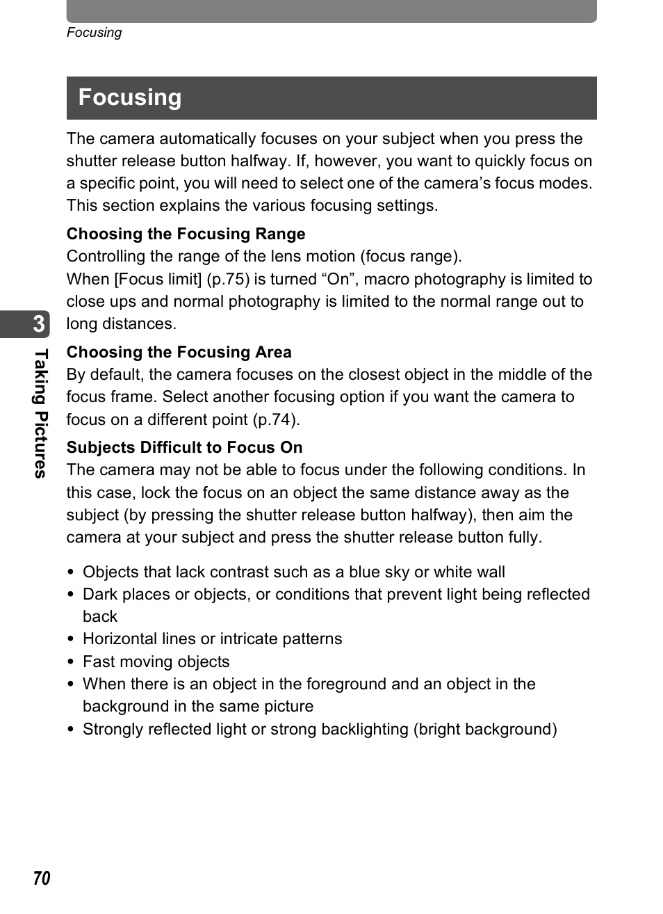 Focusing | Pentax Optio T30 User Manual | Page 72 / 192