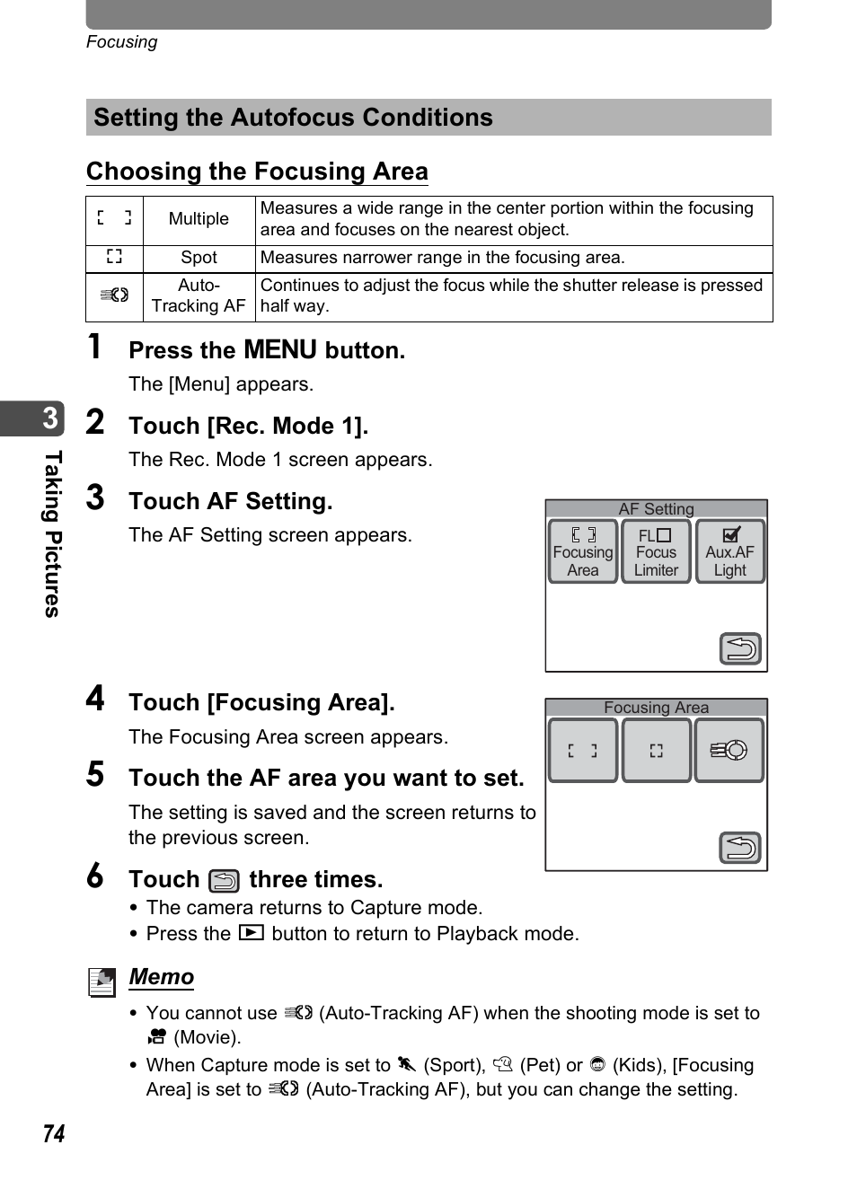 Setting the autofocus conditions, P.74 | Pentax Optio T30 User Manual | Page 76 / 192