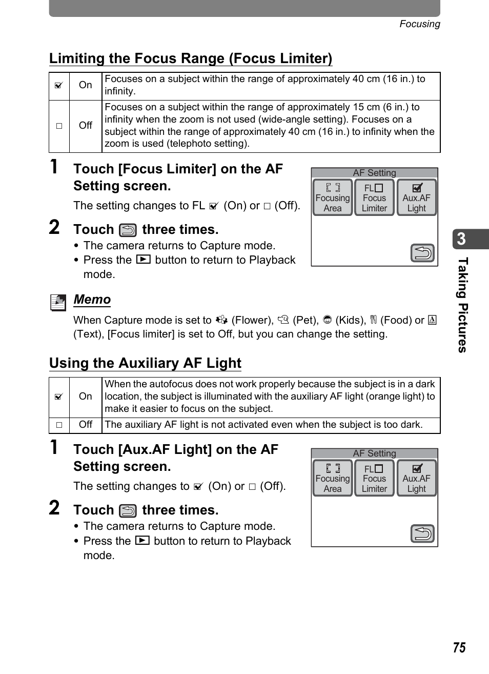 P.75), P.75, Limiting the focus range (focus limiter) | Using the auxiliary af light, Touch [focus limiter] on the af setting screen, Touch three times, Touch [aux.af light] on the af setting screen | Pentax Optio T30 User Manual | Page 77 / 192