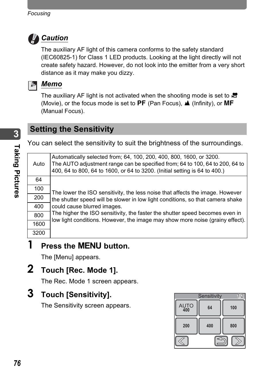Setting the sensitivity, P.76 | Pentax Optio T30 User Manual | Page 78 / 192