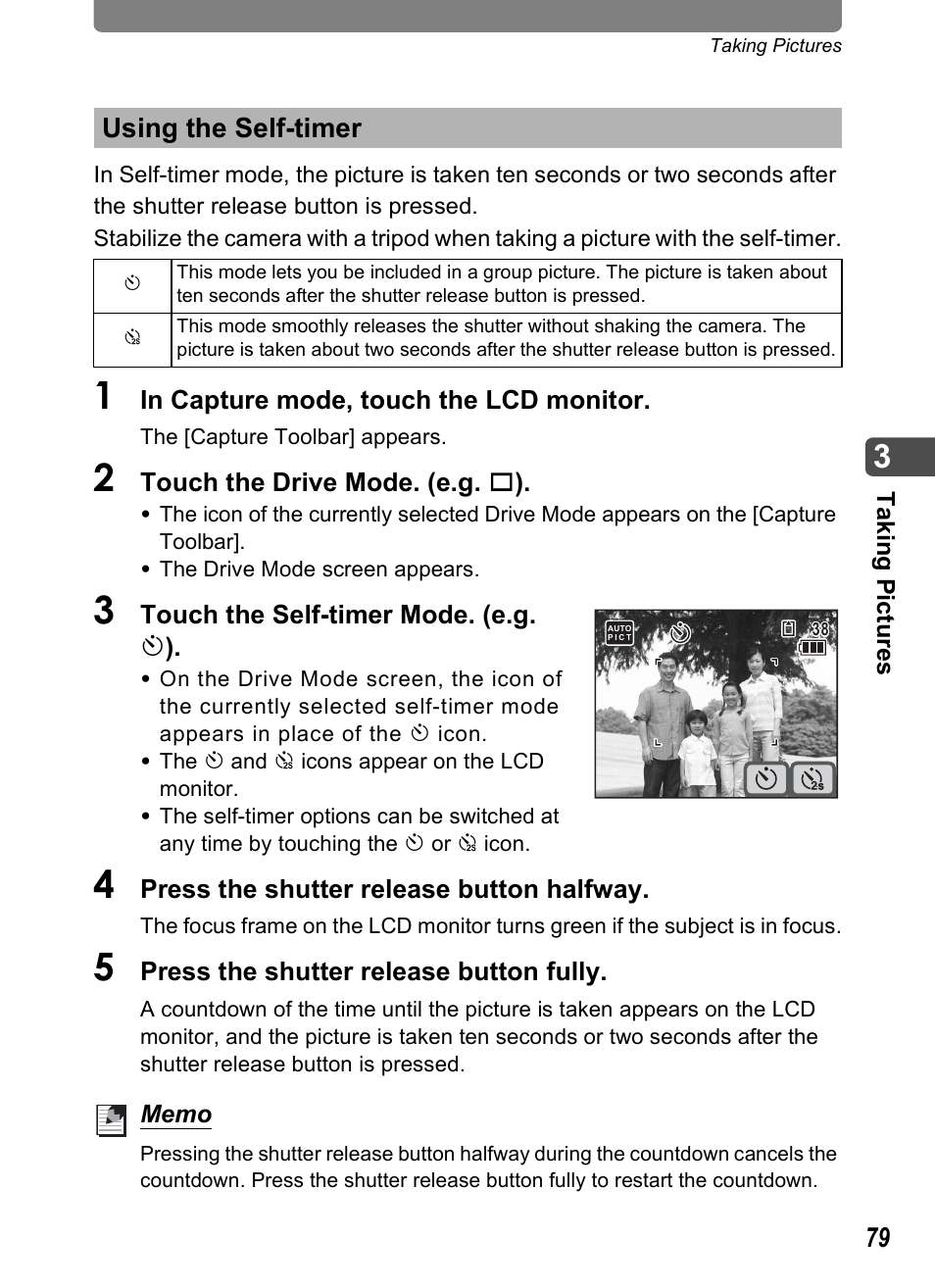 Using the self-timer, E) (p.79, P.79) | P.79 | Pentax Optio T30 User Manual | Page 81 / 192