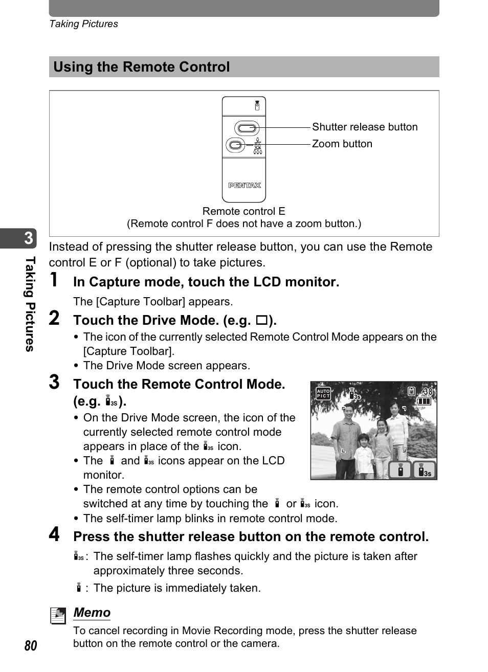 Using the remote control, P.80), P.80 | Pentax Optio T30 User Manual | Page 82 / 192