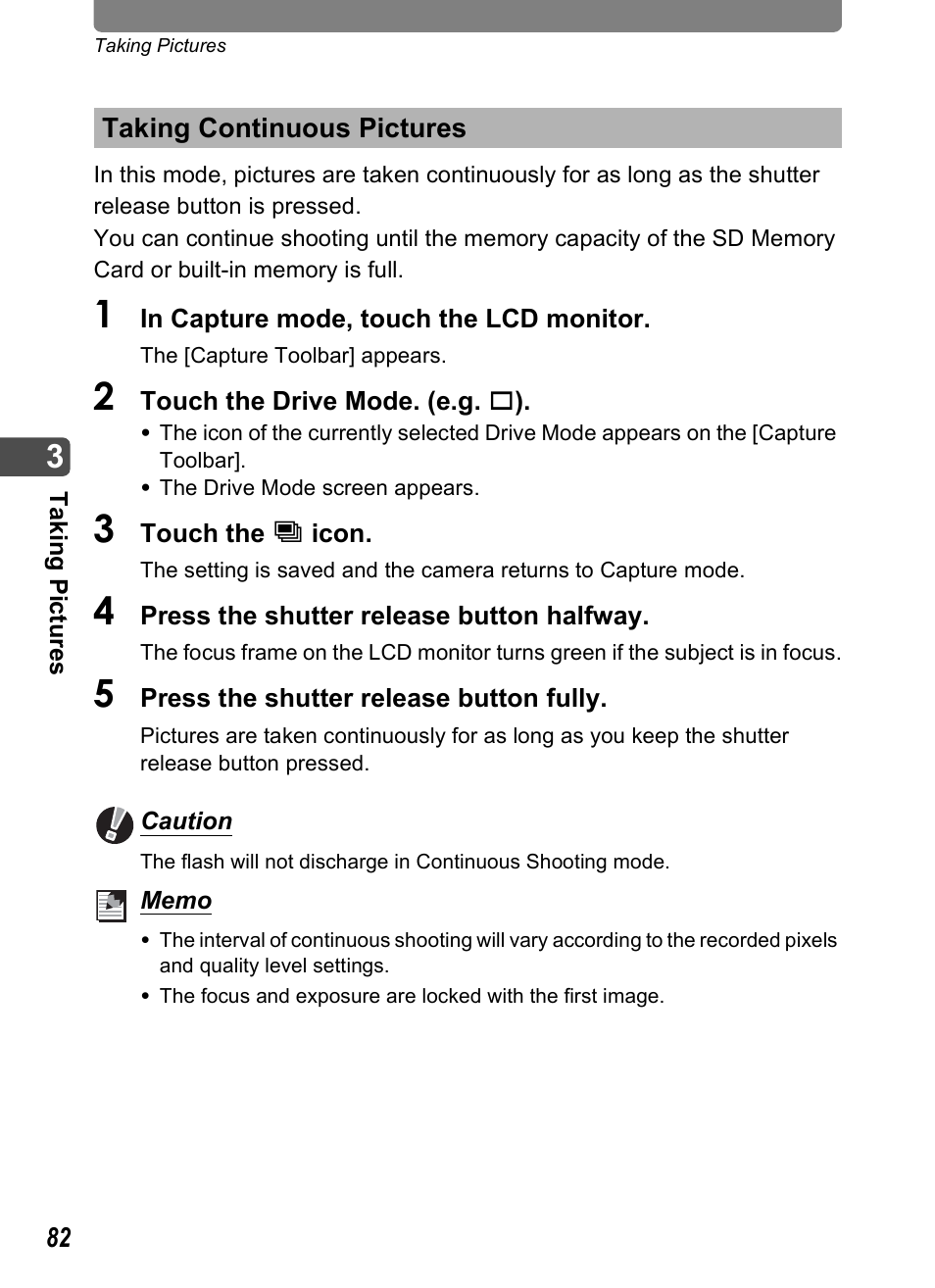 Taking continuous pictures, P.82), P.82 | Pentax Optio T30 User Manual | Page 84 / 192