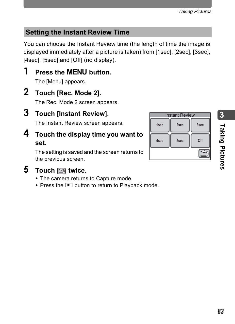 Setting the instant review time, Ed (p.83), P.83 | Pentax Optio T30 User Manual | Page 85 / 192