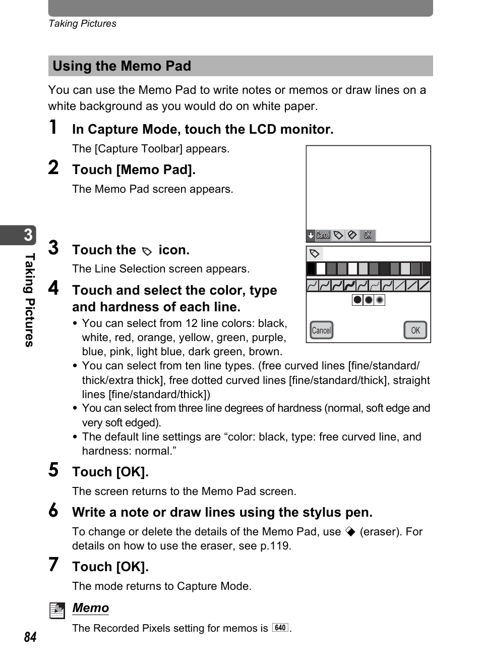 Using the memo pad | Pentax Optio T30 User Manual | Page 86 / 192