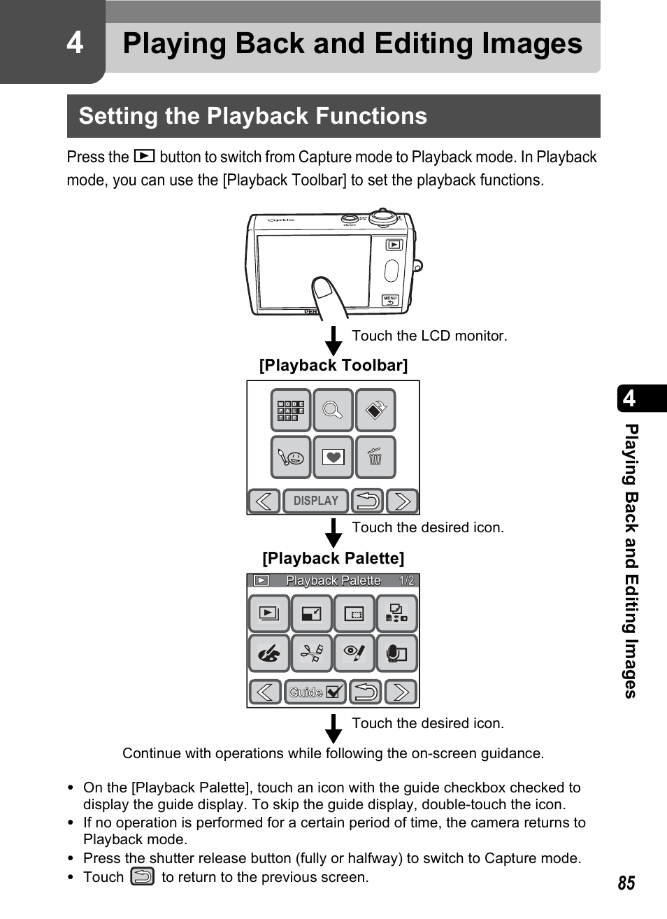 4 playing back and editing images, Setting the playback functions, P.85 | P.85), Playing back and editing images | Pentax Optio T30 User Manual | Page 87 / 192