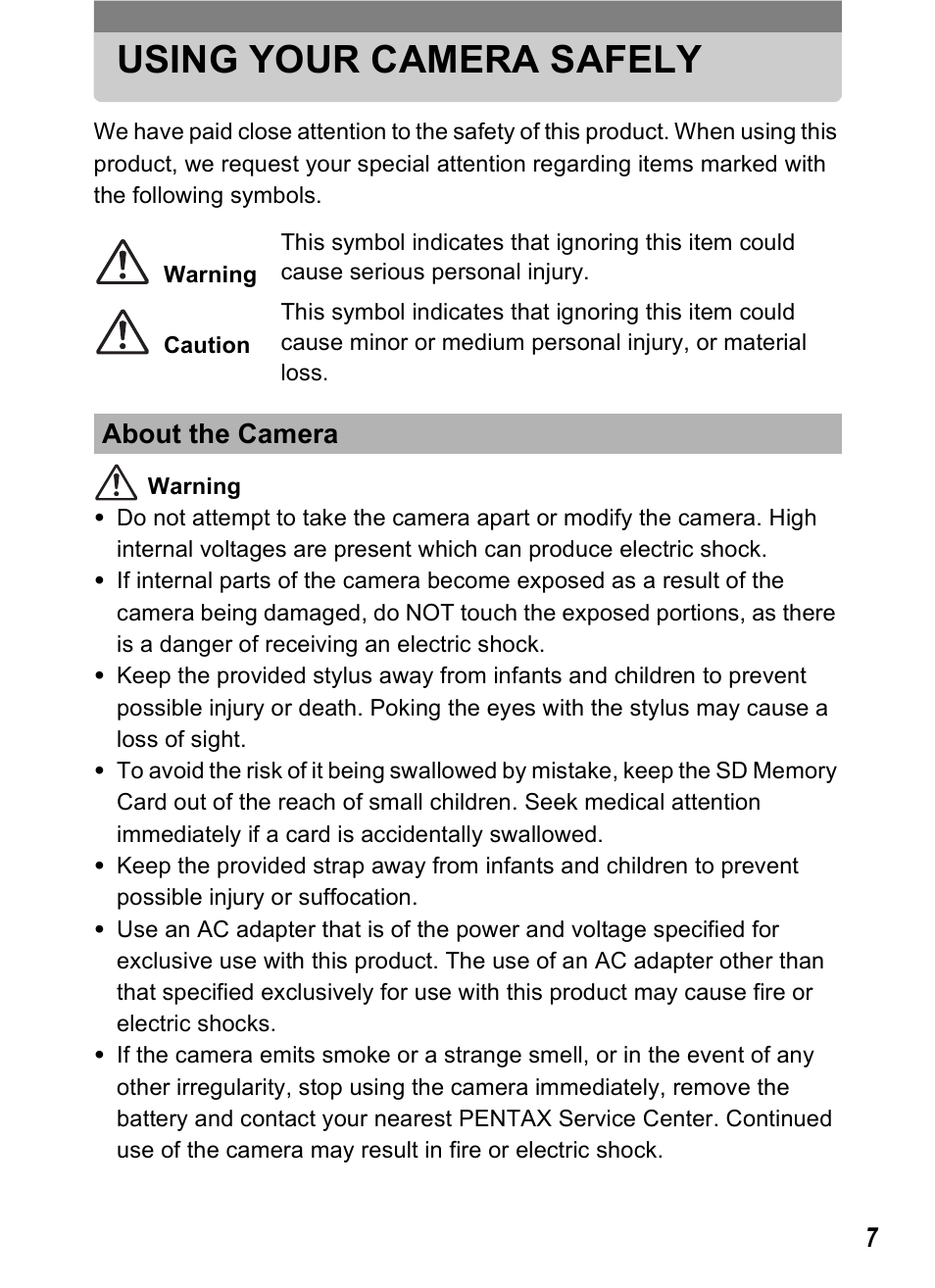 Using your camera safely, About the camera | Pentax Optio T30 User Manual | Page 9 / 192