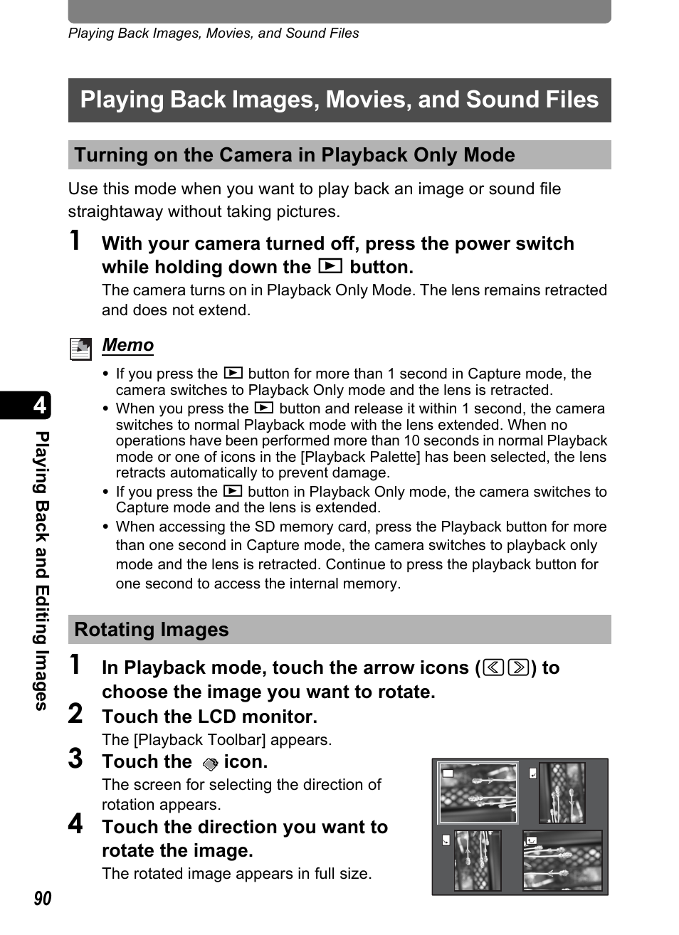 Playing back images, movies, and sound files, Turning on the camera in playback only mode, Rotating images | P.90), P.90 | Pentax Optio T30 User Manual | Page 92 / 192